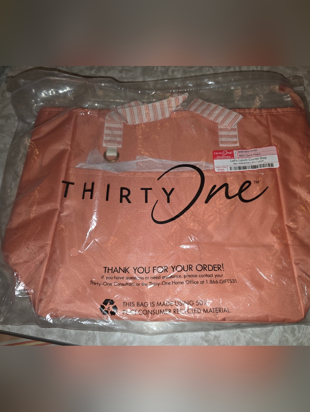 thirty-one Coral Peach Lets Lunch Insulated Tote with Striped Handles